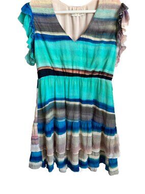 Women's Boho Striped Dress Multicolor Ruffle Sleeve V Neck Silk Blend Watercolor